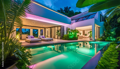 Luxury villa with tropical pool and exquisite architecture in a lush green garden, ripples on the water, mysterious evening lighting, tropical resort holiday and vacation concept, © Perecciv