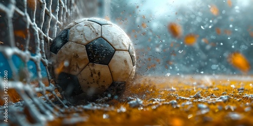 A close-up of a soccer ball in the net during a rainy game. goal moment captured. dynamic sports photography. ideal for banners. AI