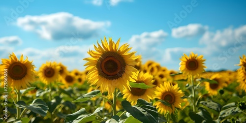 Vibrant sunflower field under blue sky  symbolizing growth and energy. perfect for nature themes. idyllic summer day. AI
