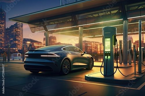 an electric vehicle charging at station Generative AI © Rahit