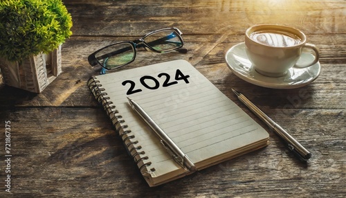 2024 New Year goal, plan, and action concepts. 2024 goals Text on Note Pad with calendar, glasses on the table. New Year's resolutions plan. Happy New Year theme, top view, copy space.