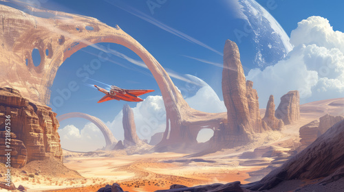 Fantastic Sci-fi landscape of a spaceship on a sunny day, flying over a desert with amazing arch-shaped rock formations