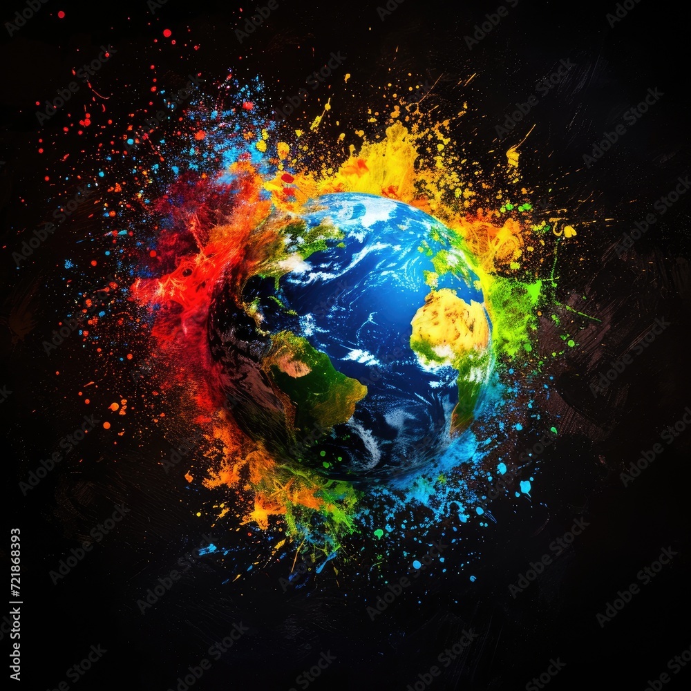 Planet Earth in a vibrant color burst, set on a dark, contrasting backdrop, Ai Generated