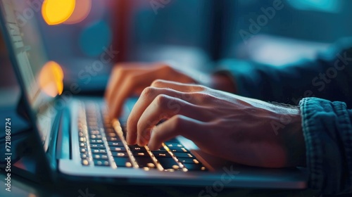 Close-up of a man typing on a laptop keyboard, shallow depth of field image, Ai Generated