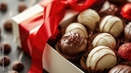 Close-up view of a gift box with chocolate-covered treats and a red ribbon, Ai Generated © Crazy Juke