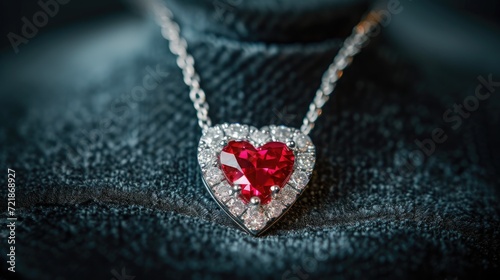 Elegant heart-shaped diamond necklace featuring a striking red stone at its center, Ai Generated