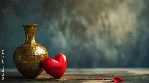 Elegant setting of a red heart alongside a gold vase, beautifully arranged on a table, Ai Generated photo