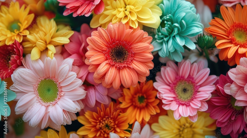 Obraz premium Explore the intricate details of a close-up shot, showcasing bright and colorful flowers in all their glory. Ai Generated.