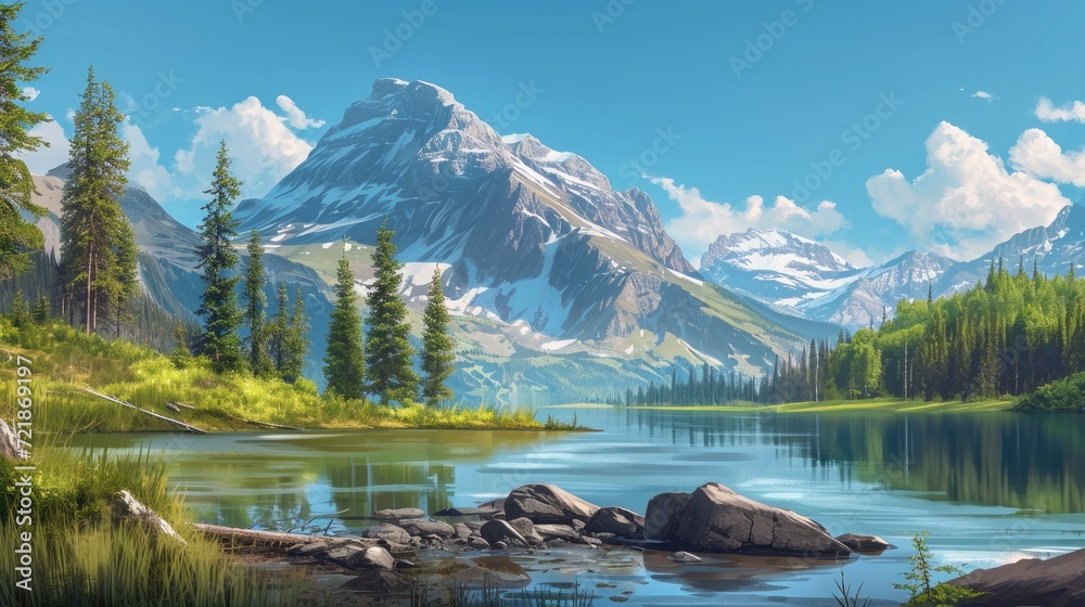 Immerse yourself in the beauty of a picturesque mountain and lake landscape, a serene and scenic backdrop. Ai Generated.