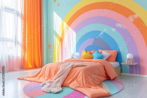 A vibrant haven for girls - a stunning photo of a modern and colorful kids bedroom. Ai Generated