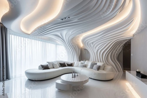 Experience the future with an abstract wavy ceiling in a modern living room's futuristic interior design. Ai Generated