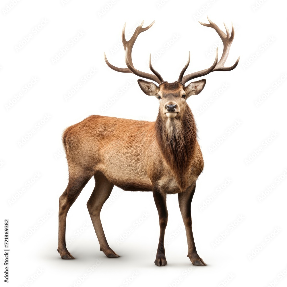 Fototapeta premium A serene deer stands out on a pure white backdrop, Ai Generated