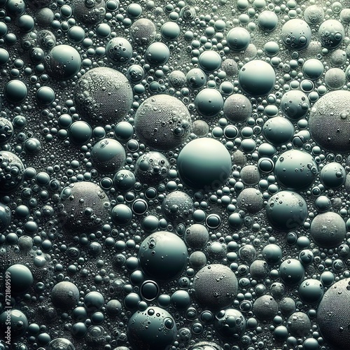 Full frame of the textures formed by the bubbles and drops of water  on a smooth green background