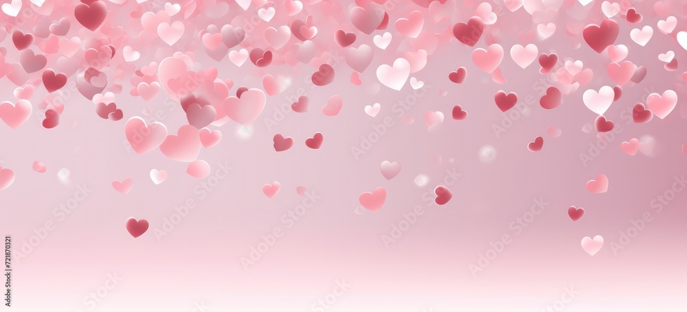 Valentines day card. Heart confetti falling over pink background for greeting cards, wedding invitation on wall