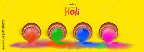 Happy Holi Celebration Concept with Colorful Paint Pouring From Earthen Pots against Yellow Background. Can Be Used Design as a Header or Banner.