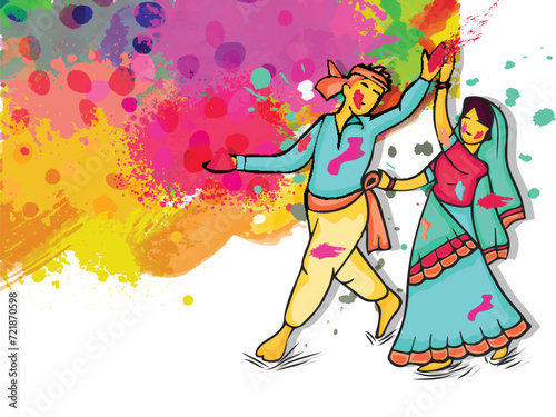 Cartoon Illustration of Indian Male and Female Flying Gulal (Dry Color) on The Occasion of Happy Holi Celebration.