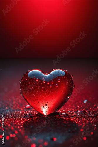 A close up of a heart shaped object with drops of water on the ground and a red light in the background - Love concept