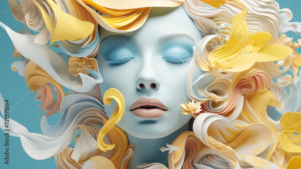 Fashion portrait of a beautiful woman with yellow long blond hair and blue dress. Fashion portrait of a beautiful woman with yellow long blond hair and blue dress.