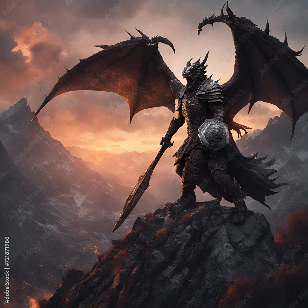 Naklejka premium Fantasy villain with dragon wings with a shield and sword in armor on volcanic mountain top at sunset and dramatic sky background