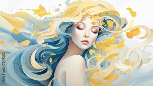 Fashion portrait of a beautiful woman with yellow long blond hair and blue dress.