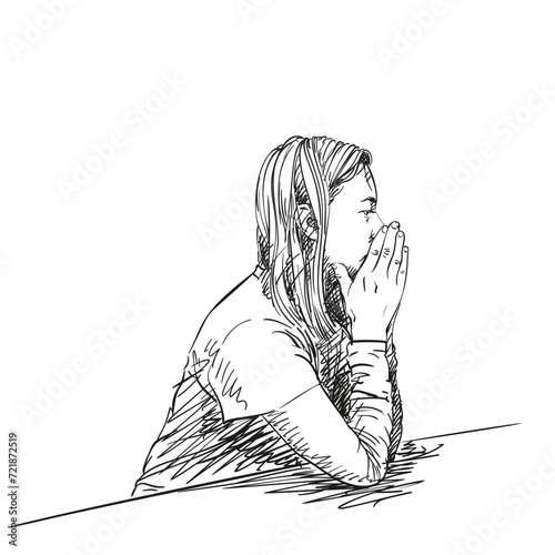 Woman sitting and thinking with her hands folded with her palms near her face, her elbows resting on the table, side view, hand drawn vector illustration, freehand sketch