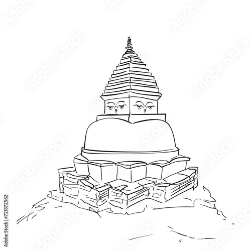 Tibetan Buddhist stupa hand drawn vector illustration, Buddhism religious symbol isolated freehand line sketch