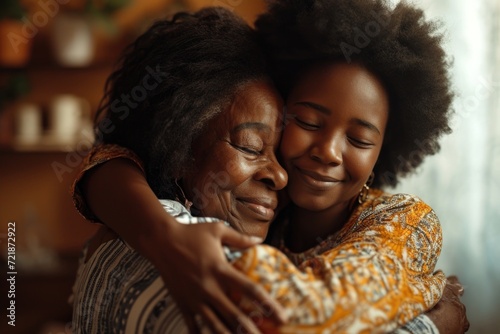 Daughters affectionate hug to senior African mother