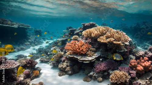 Underwater coral reefs with colorful tropical fishes