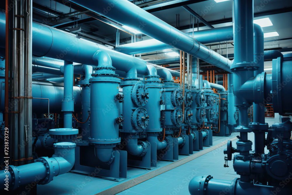 A complex network of industrial pipelines and valves in a modern manufacturing plant A complex network of industrial pipelines and valves in a modern manufacturing plant