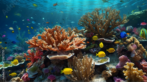 Underwater coral reefs with tropical colorful fishes