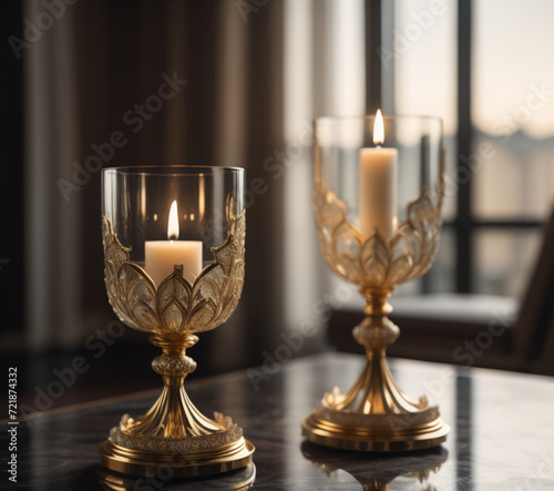 Colorful candles in glass on wooden table, closeup. home decor, interior decoration, mood lighting, 