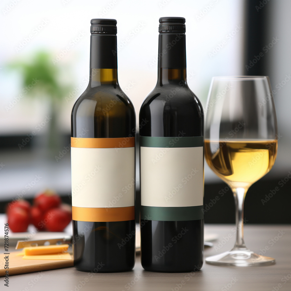 Bottles of wine with blank labels on abstract background, wine bottle mockup, fictional label design Bottles of wine with blank labels on abstract background, wine bottle mockup, fictional label design
