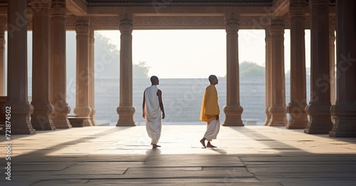 Monks in mindful walking meditation at an ancient temple, serene and focused."