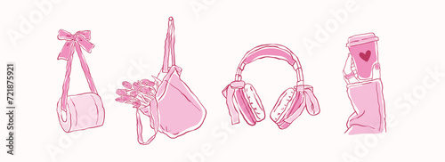 Illustration of  cute thing with pink. Hand drawn pink bow of coquette soft style.