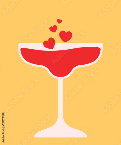 Valentines Day Drink Red Wine Glass Cocktail Flat Vector Illustration