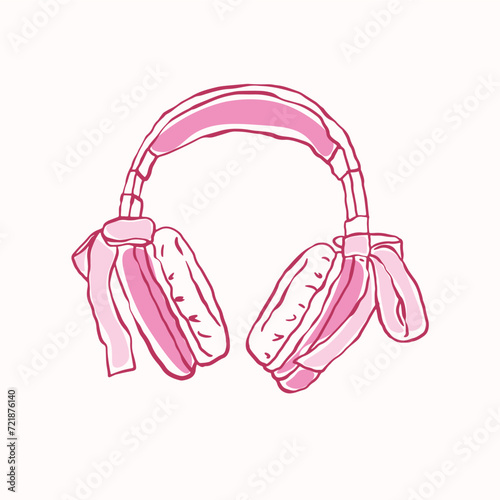 Pink headphones vector. Hand drawn pink bow of coquette soft style