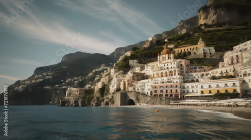 "Idyllic Amalfi Coastline: Sunny Seaside and Cliffside Town" AI-Generative