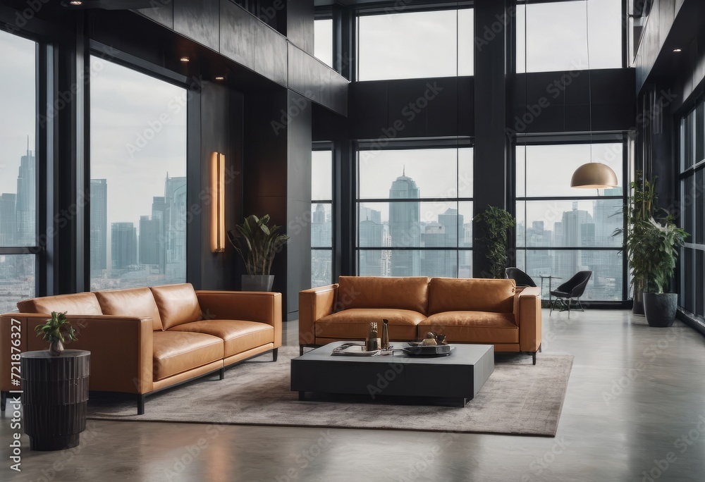 Fototapeta premium Big empty modern kitchen and living room wooden table, big couch and big windows