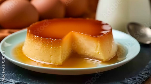 Silky flan, a caramel-kissed custard sensation. Gently yielding to the spoon, it unveils a velvety texture and a perfect balance of sweetness. A dessert delight in every spoonful.