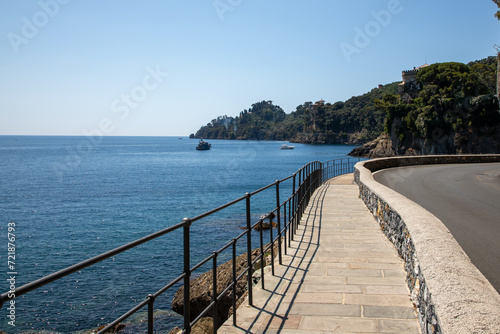 Portofino pedestian access pathway to Santa Margherita Ligure in sea coast Italy in summer day