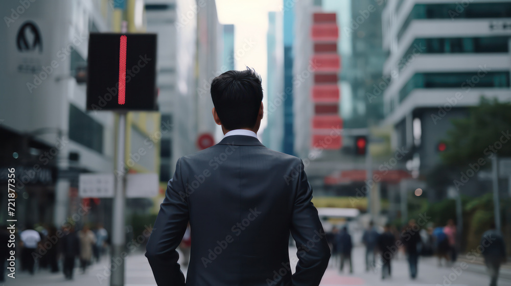 Rear view of a businessman in a suit amidst a bustling urban cityscape Rear view of a businessman in a suit amidst a bustling urban cityscape