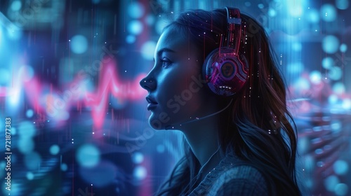 A beautiful woman listening to music with her headphones is surprised by the intensity of the sound