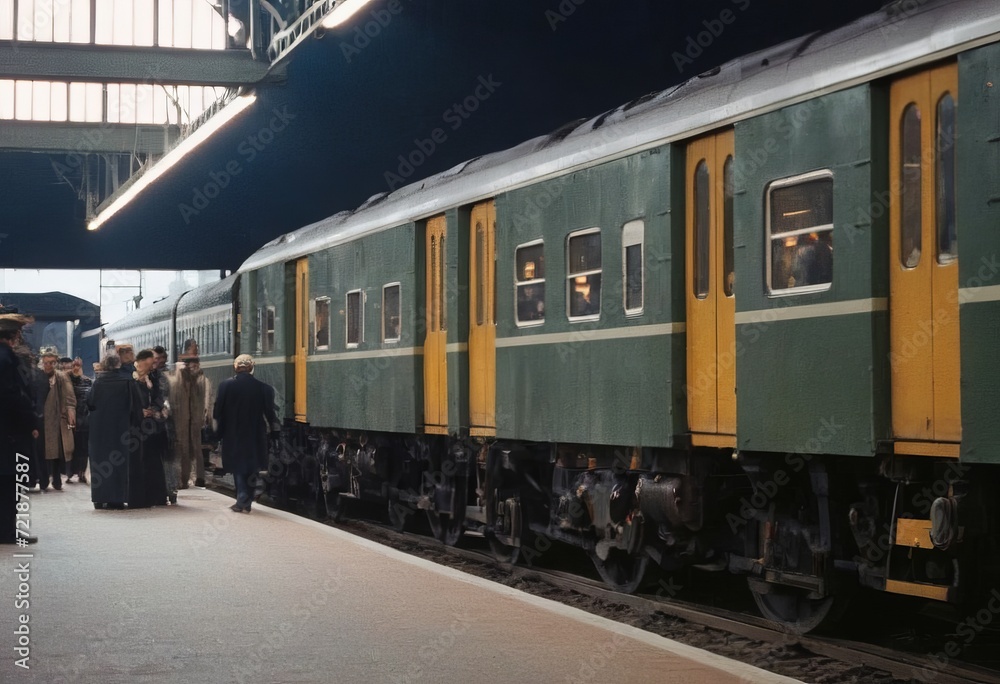 Obraz premium Retro steam train departs from the railway station at sunset.