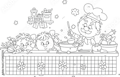 Funny cook with a ladle and little kids making an original tasty soup in a pan on a kitchener with fresh vegetables and spices in a cozy kitchen, black and white vector cartoon illustration for a colo