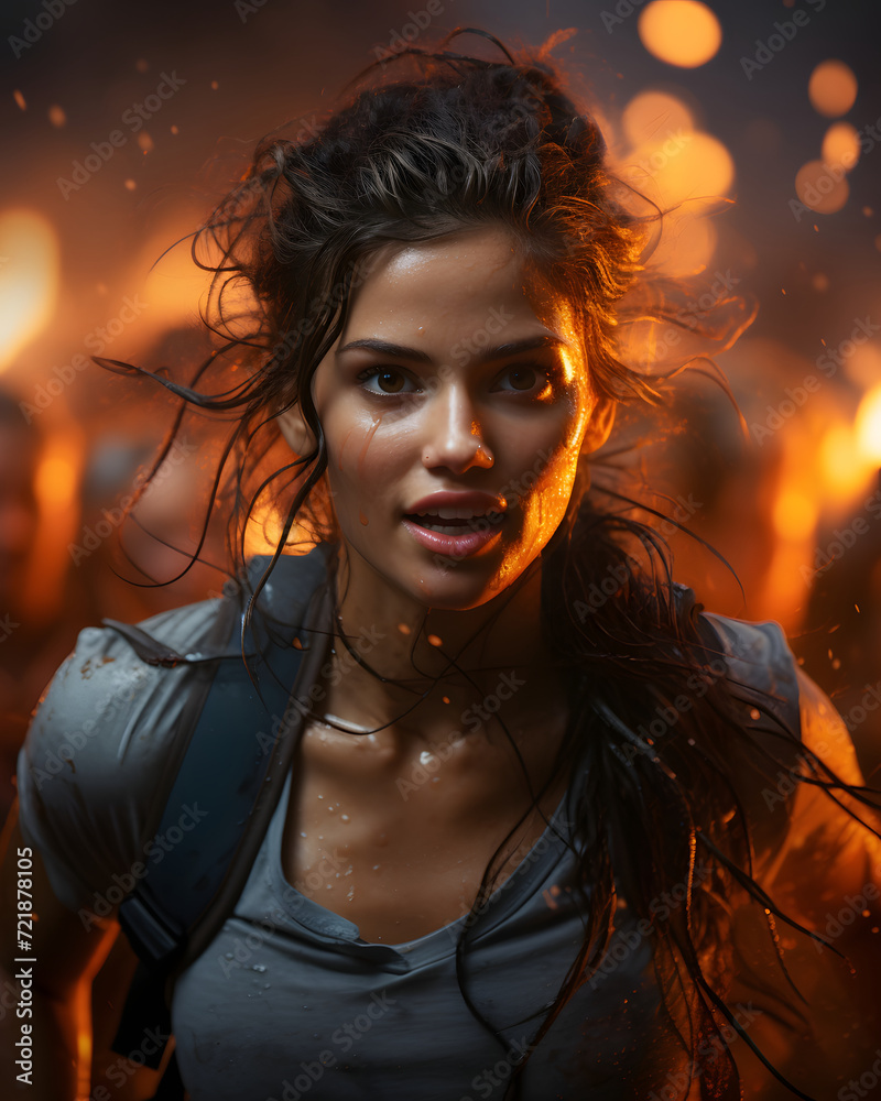 A Female Athlete Runs Energetically, Followed by the Light of Energetic Fire Behind Her A Female Athlete Runs Energetically, Followed by the Light of Energetic Fire Behind Her