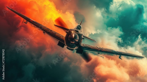 Vintage fighter plane. Photo of a fighter plane with a colored background taken during World War II