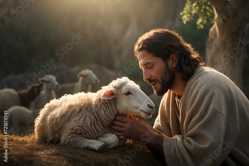 A concept of Jesus recovered the lost sheep as in bible photo