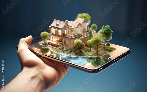 House for sale online with tablet in hand and home on screen model 3d illustration