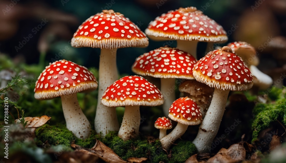 Beautiful fly agaric mushrooms closeup on a forest background. Amanitas macro photo. Toadstools trendy composition. Wide screen wallpaper, for design and banners. Beautiful fly agaric mushrooms closeup on a forest background. Amanitas macro photo. Toadstools trendy composition. Wide screen wallpaper, for design and banners.
