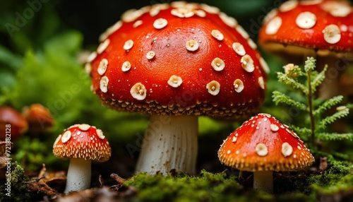 Beautiful fly agaric mushrooms closeup on a forest background. Amanitas macro photo. Toadstools trendy composition. Wide screen wallpaper, for design and banners.